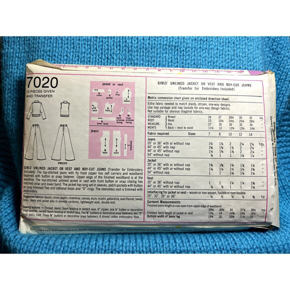 Simplicity 7020 Sewing pattern Girls jacket vest bellbottom pants size 14 - Picture 3 of 5